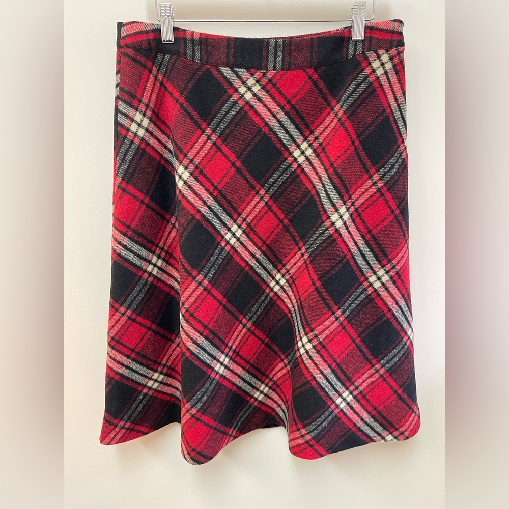 Dennis Basso Red and Black Plaid A-Line Skirt